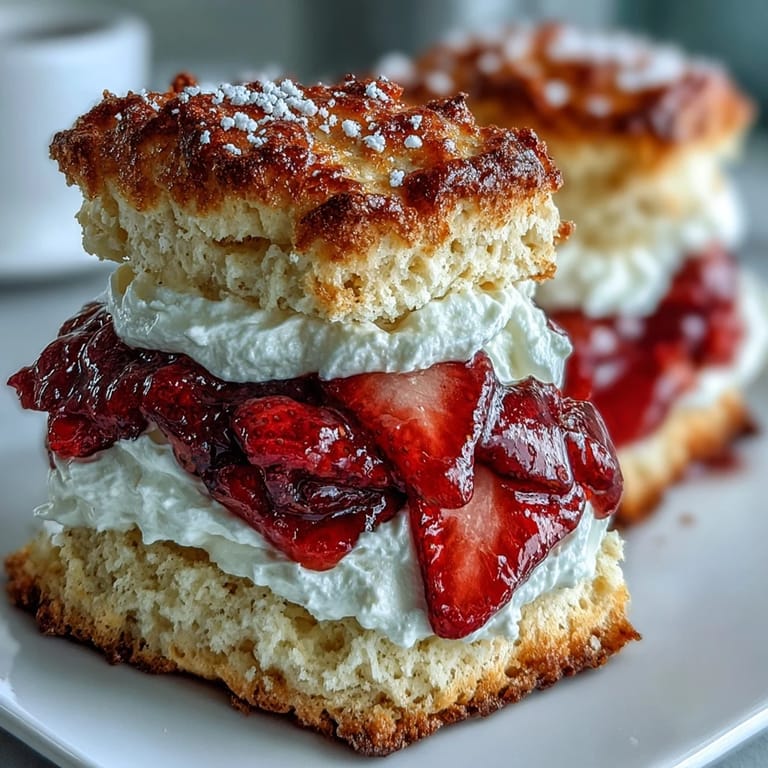 Golden-brown biscuit shortcakes layered with juicy strawberries and rich whipped cream for a timeless dessert.