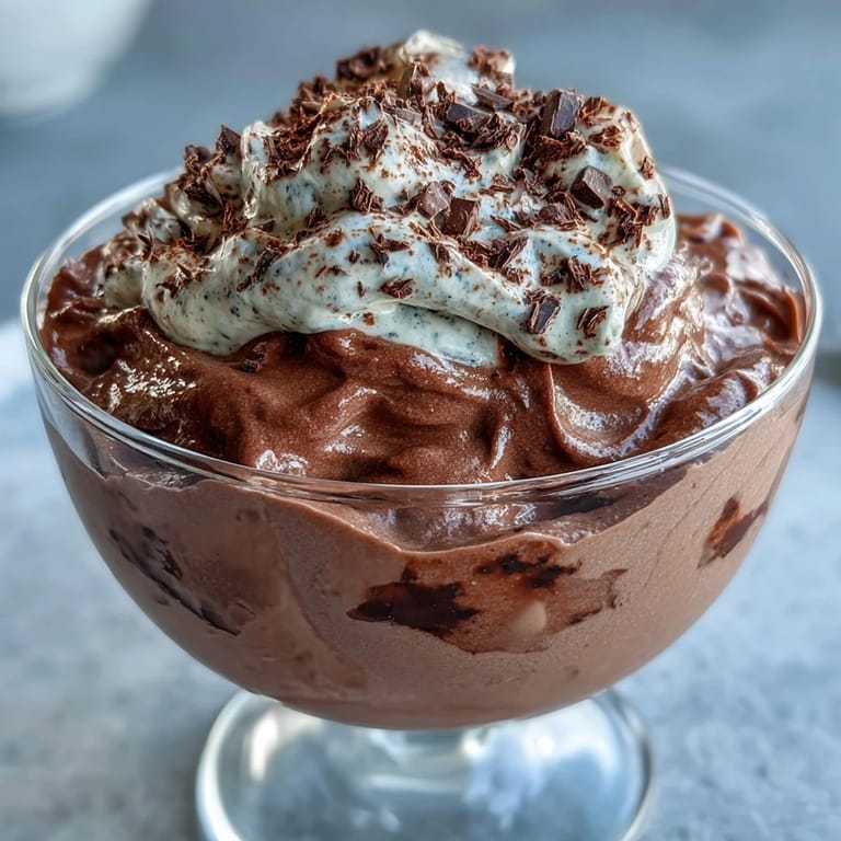 Creamy high-protein chocolate mousse made with cottage cheese and dark chocolate, served chilled with a sprinkle of chopped nuts.