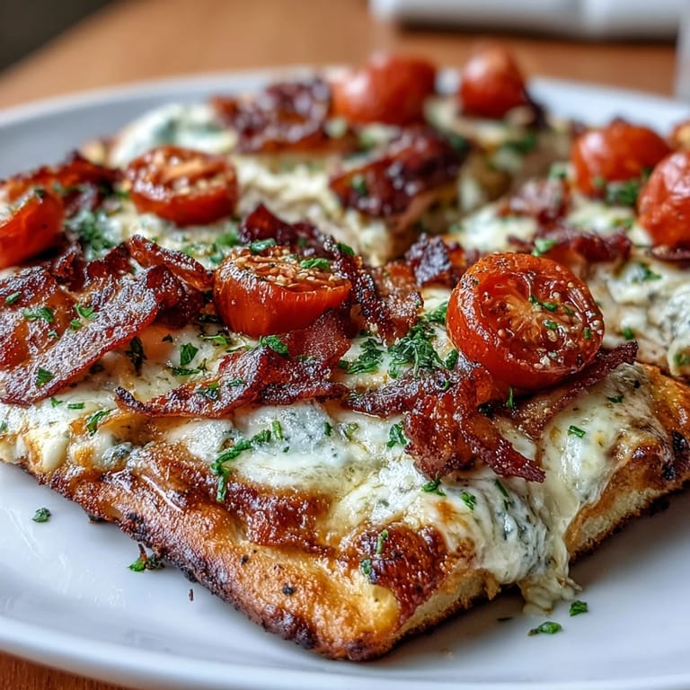 Savory Kentucky Hot Brown flatbread pizza featuring turkey, bacon, tomatoes, and creamy cheese sauce, perfect for Derby Day.