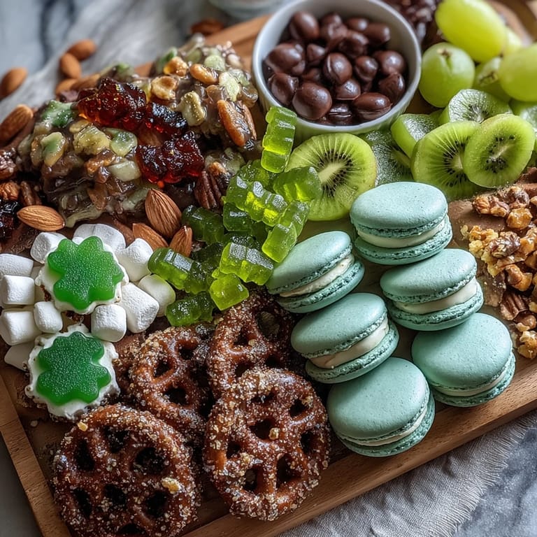 Vibrant green candy charcuterie board featuring gummy bears, mint chocolates, and themed treats perfect for St. Patricks Day parties.