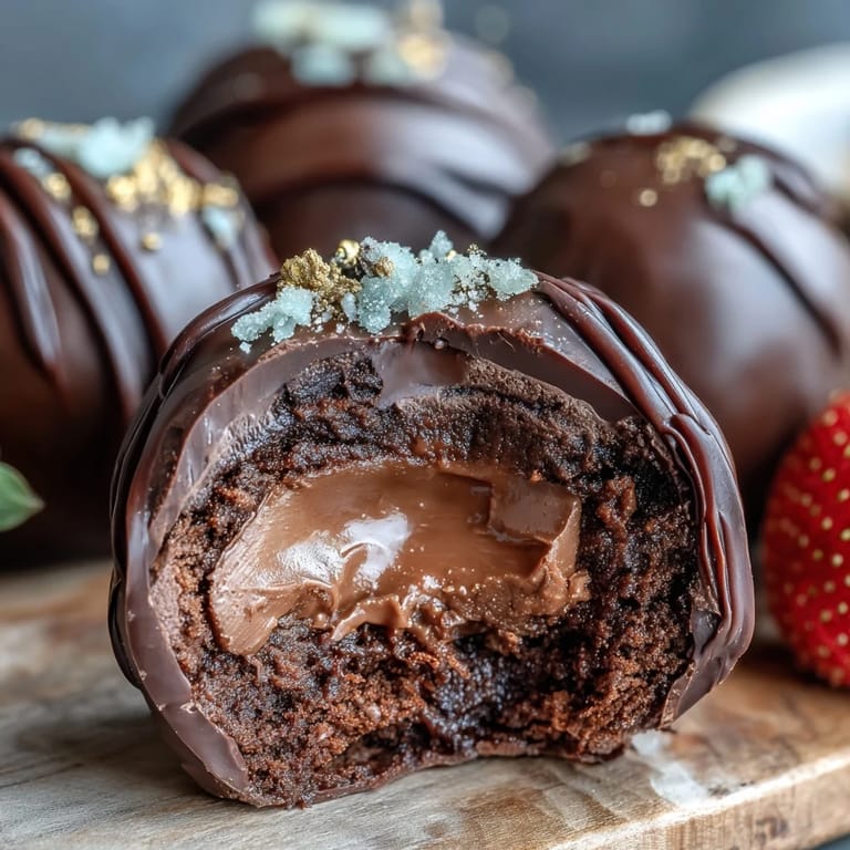 Decadent strawberry-infused chocolate truffles dipped in dark chocolate and topped with shimmering gold flakes, inspired by Dubai's opulent dessert traditions.