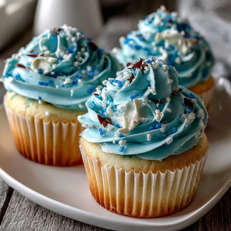 Whimsical vanilla cupcakes frosted in blue buttercream and topped with handmade fondant fish for a magical dessert display.