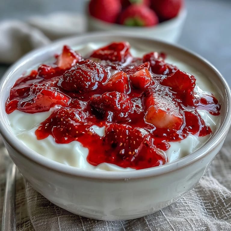 A bowl of strawberry compote layered over Greek yogurt, topped with a drizzle of honey and mint leaves.