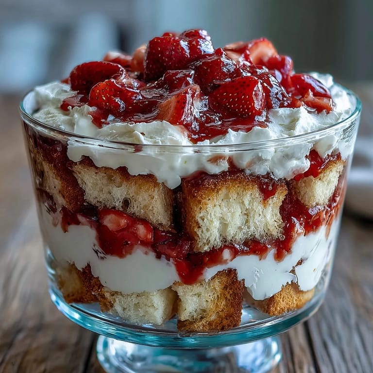 Beautiful Mothers Day dessert trifle showcasing golden shortcake cubes, ripe strawberries, and clouds of vanilla whipped cream.