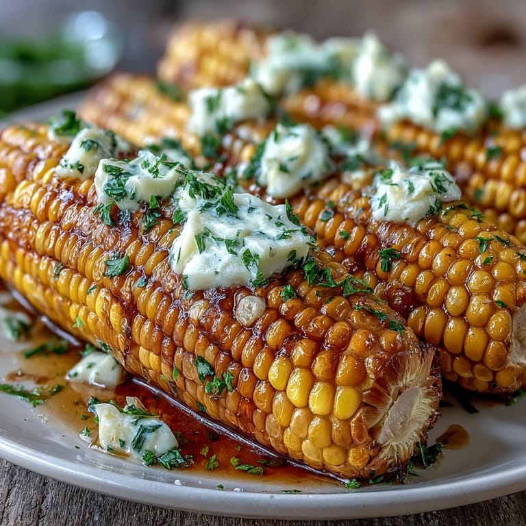 Microwave corn on the cob shines under a glossy layer of garlic butter and fresh herbs.