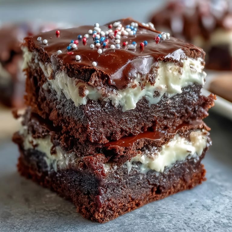 Rich chocolate brownie bites topped with smooth vanilla frosting and patriotic sprinkles, ideal for summer holiday parties and gatherings.