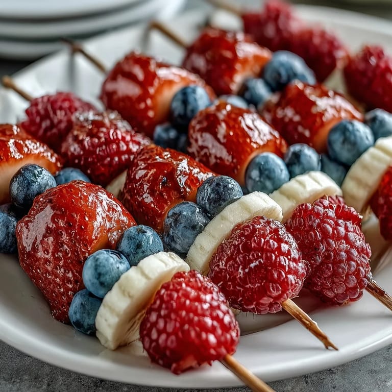 Patriotic fruit skewers arranged in a flag pattern, featuring strawberries, bananas, and blueberries for a festive Fourth of July treat.