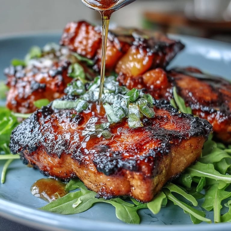 Sweet grilled peaches paired with creamy burrata and fresh arugula, drizzled with tangy balsamic glaze.