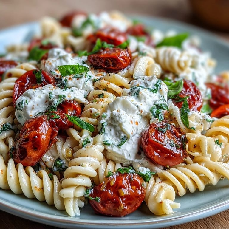 Warm Caprese pasta tossed with bursting tomatoes, garlic, and topped with creamy burrata and fresh basil leaves.