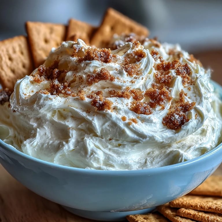Sweet and fluffy cheesecake dip made with just three ingredients, ideal for dipping crisp graham cracker pieces.