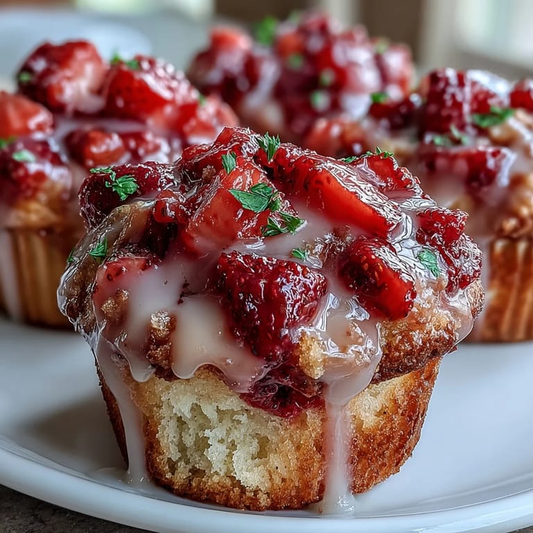 Bright and tender strawberry lemon muffins, bursting with juicy fruit and citrus zest, finished with a glossy lemon glaze.