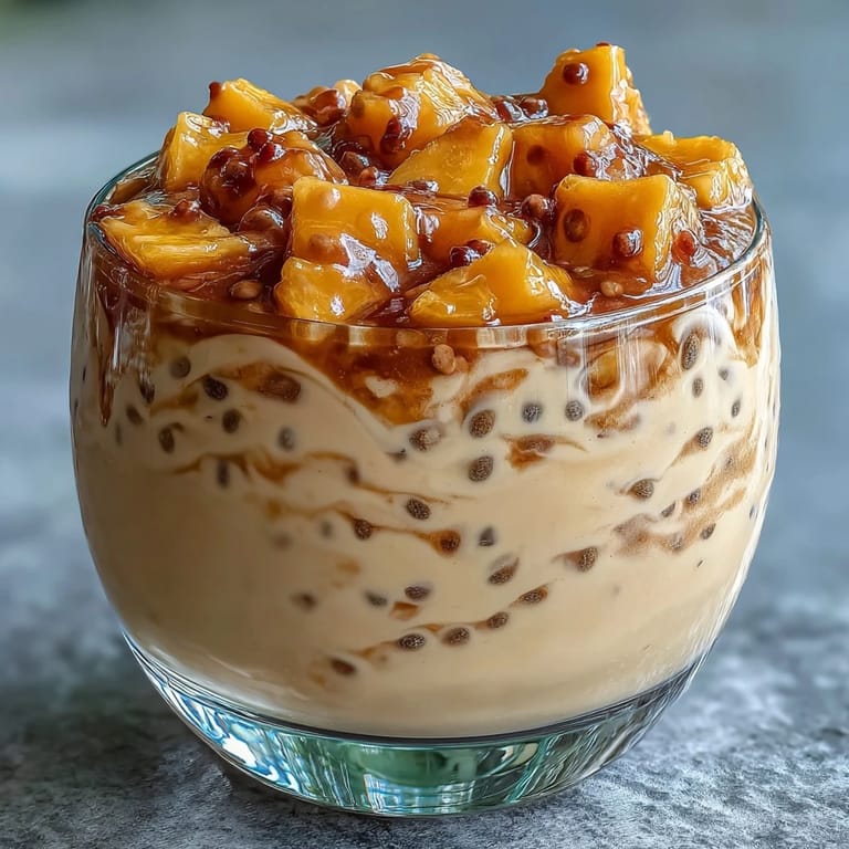 A vibrant glass of Mango Coconut Chia Smoothie, blending ripe mango with rich coconut milk and chia seeds for a refreshing breakfast.