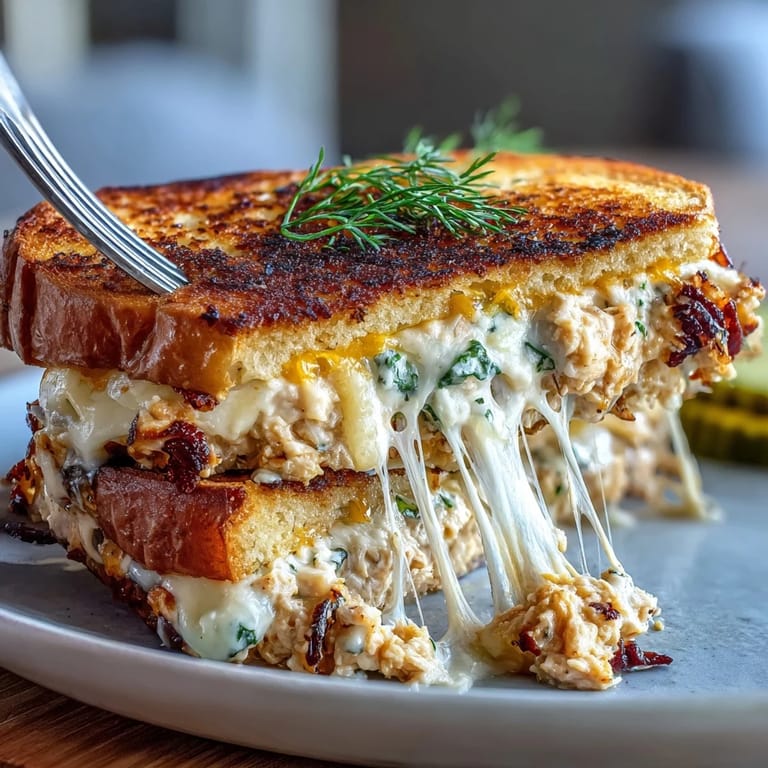 Golden, buttery bread sandwiches tuna salad, melted cheese, and crisp pickles.  