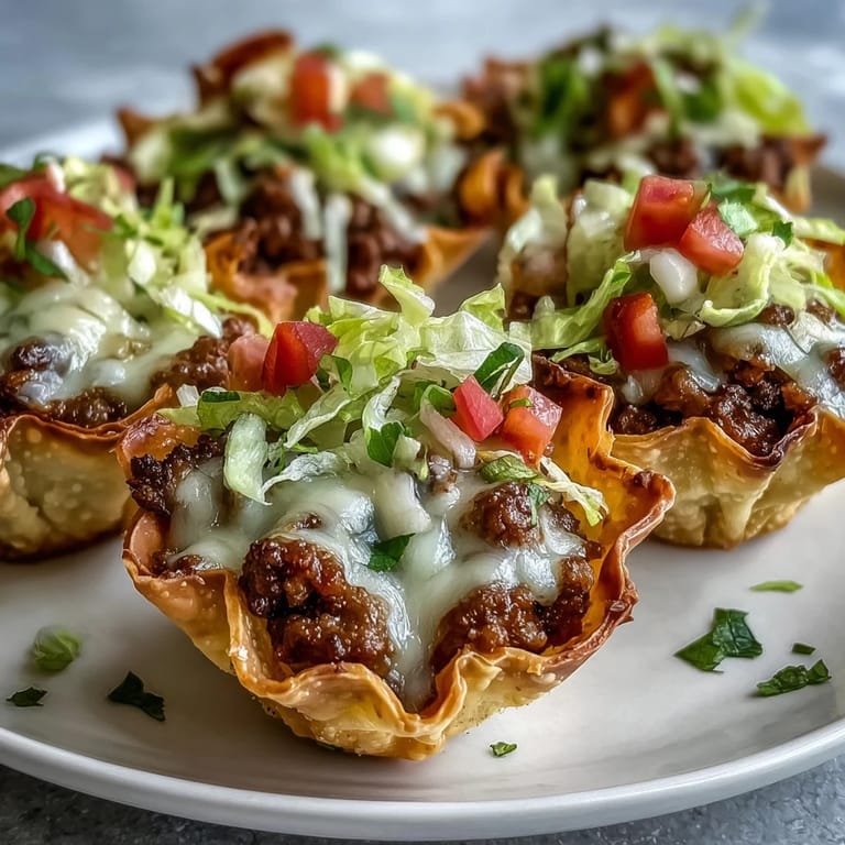 Savory ground beef taco filling nestled in baked wonton cups, ready for toppings.