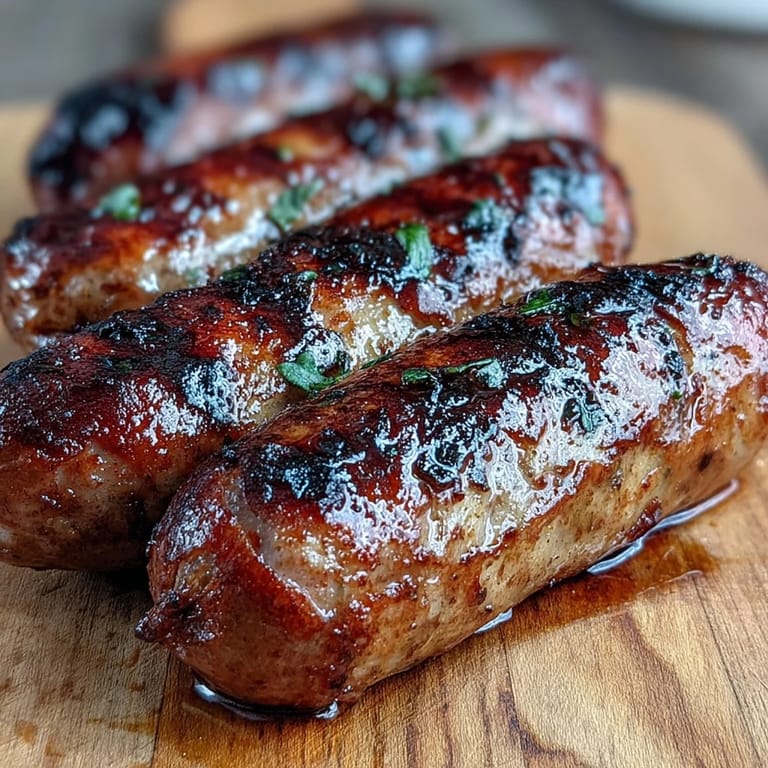 Appetizing grilled kielbasa links, delightfully browned and seasoned, great for a hearty meal.