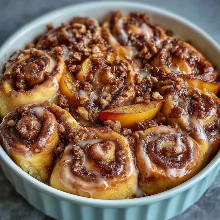 Golden-brown Peach Cobbler Cinnamon Roll Casserole studded with juicy peaches, ready to serve.