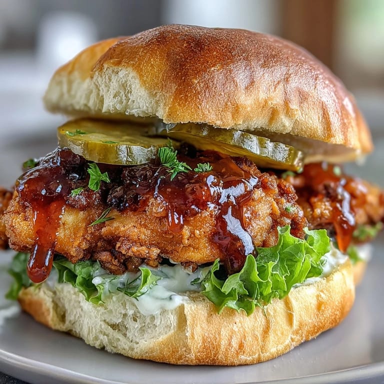 Close-up of a stacked Crispy Hot Honey Chicken Sandwich, ready to eat.