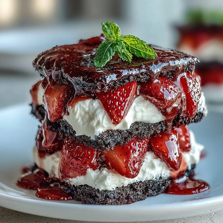 Deliciously layered strawberry black sesame shortcake, drizzled with cream and compote.