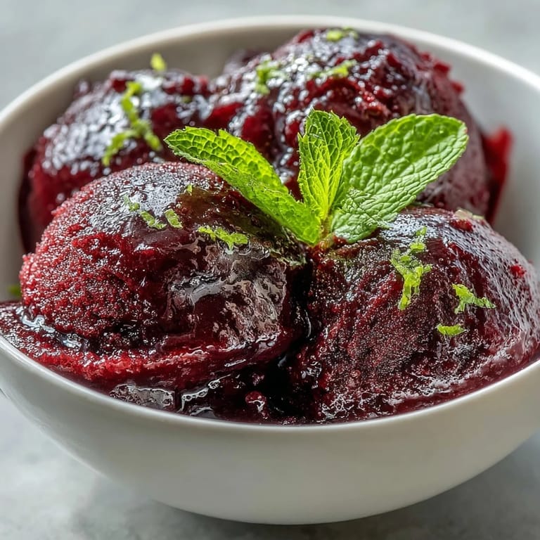 Beautifully chilled Frozen Grape Lime Sorbet, a perfect summer dessert garnished with mint.