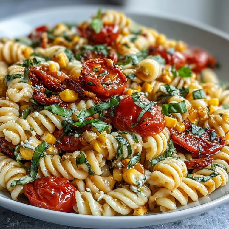 Refreshing Summer Corn and Tomato Pasta Salad, a perfect colorful side dish.