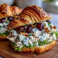 A golden croissant sandwich stuffed with creamy chicken salad, juicy red grapes, and crisp celery for a picnic-perfect bite.