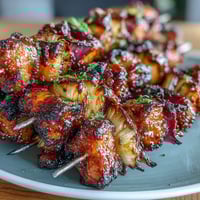 Juicy BBQ chicken and pineapple kebabs with red onion, glazed and grilled to perfection for a flavorful summer meal.  