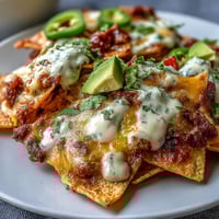Game day nachos piled high with crispy chips, rich cheese sauce, and colorful fresh toppings.  