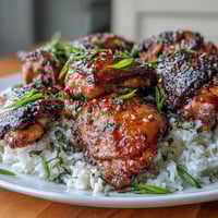 Aromatic honey garlic chicken thighs slow-cooked in a sweet and savory sauce, served over fluffy jasmine rice.  
