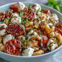 Colorful summer pasta salad with cherry tomatoes, fresh mozzarella, and fragrant basil leaves, perfect for warm-weather dining.