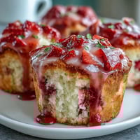 Strawberry lemon muffins with glaze, moist and fluffy, packed with fresh berries and zesty lemon, topped with a sweet-tart drizzle.